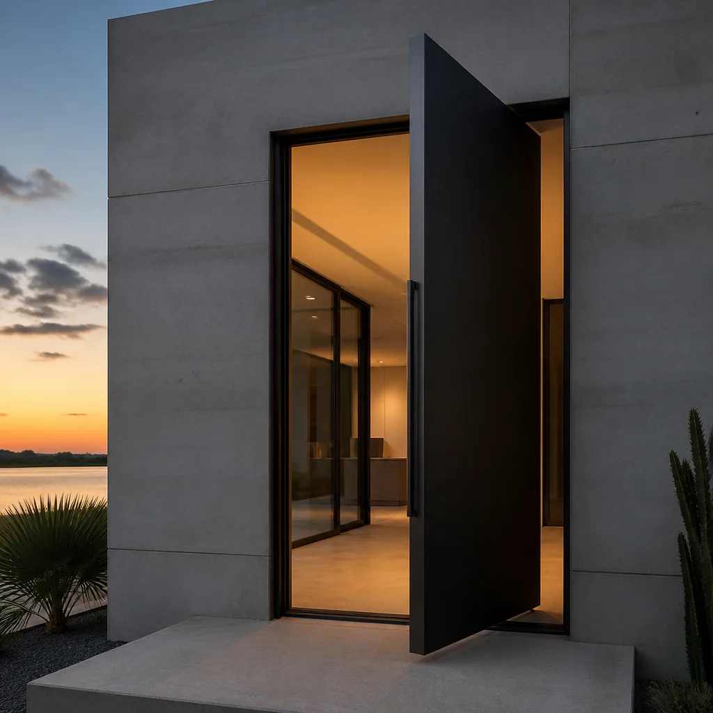 Modern luxury pivot door installation on a contemporary concrete home exterior