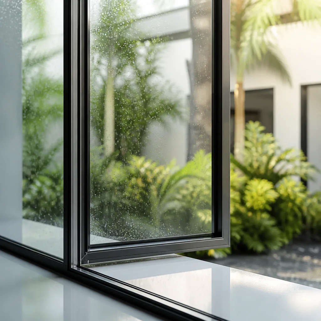 Modern residential window installation with a view of a lush garden