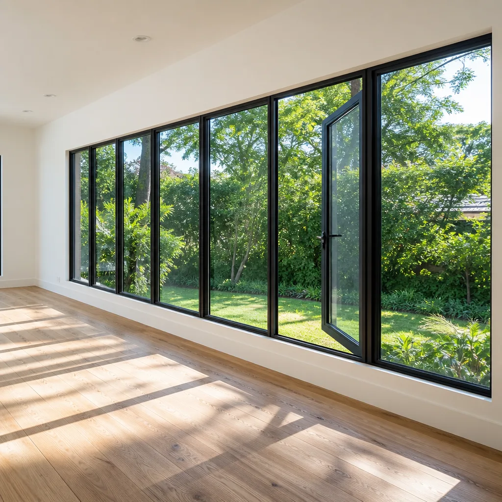 Modern black-framed window wall installation in a sunlit residential room