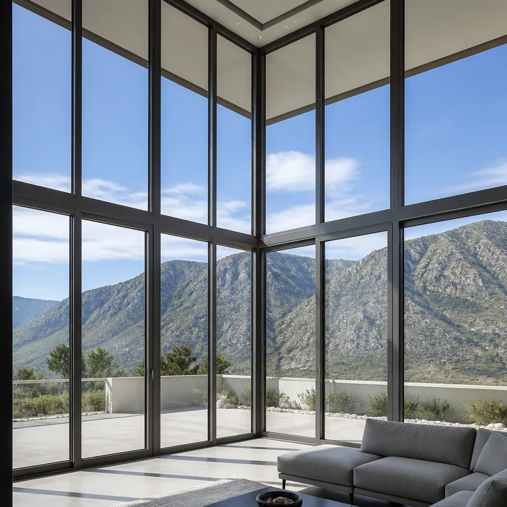 Floor-to-ceiling panoramic window installation in a modern living room